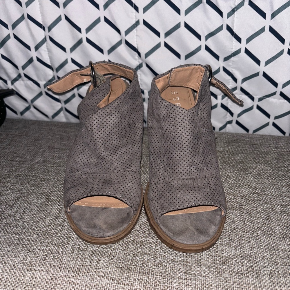 Spirit Gray Peep-Toe Heeled Boots